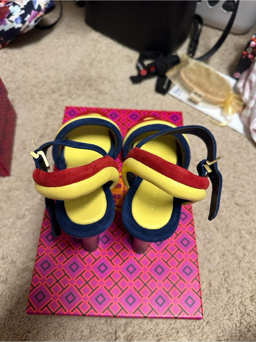 Tory Burch Tricolor Suede Ankle-Strap Heels in Red, Navy & Yellow - Picture 3 of 7